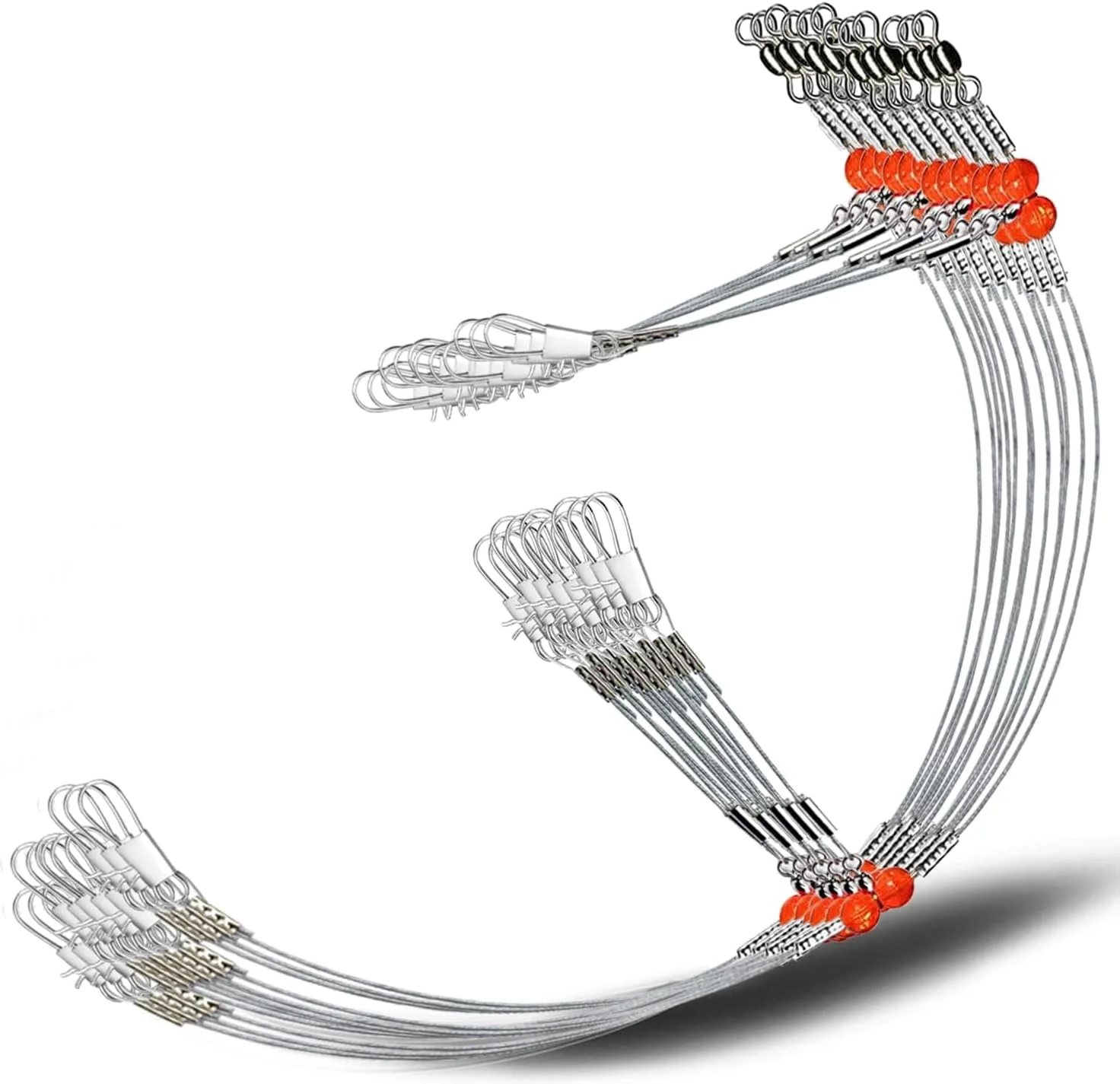 ریگ های لیدر ماهیگیری، 12 عدد لیدر استیل ضد زنگ آب شور دو بازویی با هرزگرد، تجهیزات سیم ماهیگیری با استحکام بالا، مهره های قرمز برای طعمه ها، سیم لیدر ماهیگیری آب شور