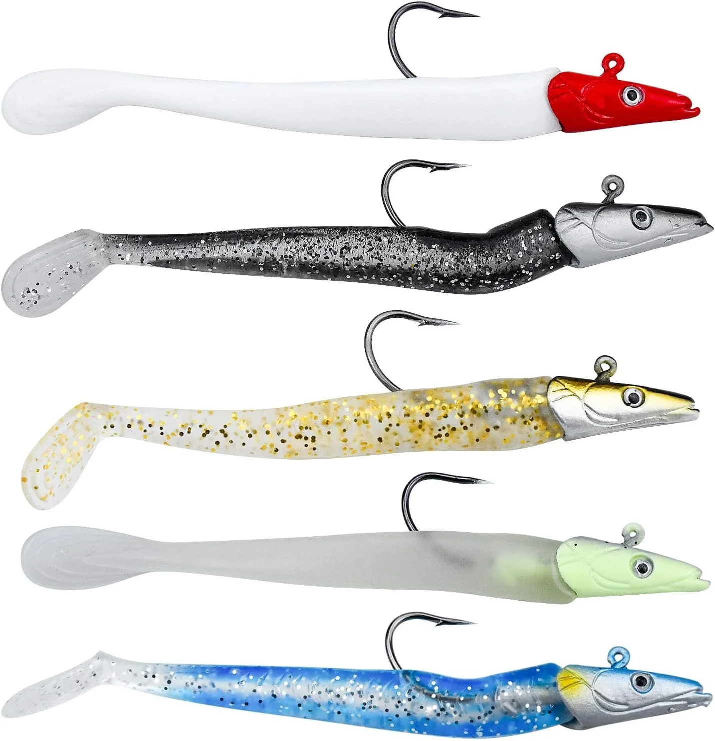 ست 5 عددی طعمه ماهیگیری نرم با سر جیگ (11 سانتی متر / 19 گرم) طعمه دراپ شات تک قلاب چشم سه بعدی طعمه ماهی تقلبی با دم T برای ماهیگیری اردک ماهی، طعمه نرم، سویم بیت، قدرت ماهیگیری بالا - لوازم جانبی ماهیگیری