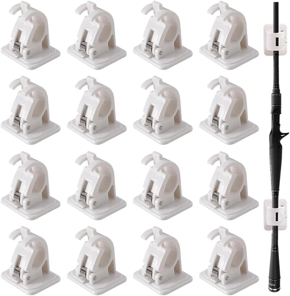 گیره نگهدارنده چوب ماهیگیری 16 عددی برای 8 چوب، قفسه میله ای خود چسب یا نصب شده با مته، سازمان دهنده توری تاشو طعمه، ضد لغزش