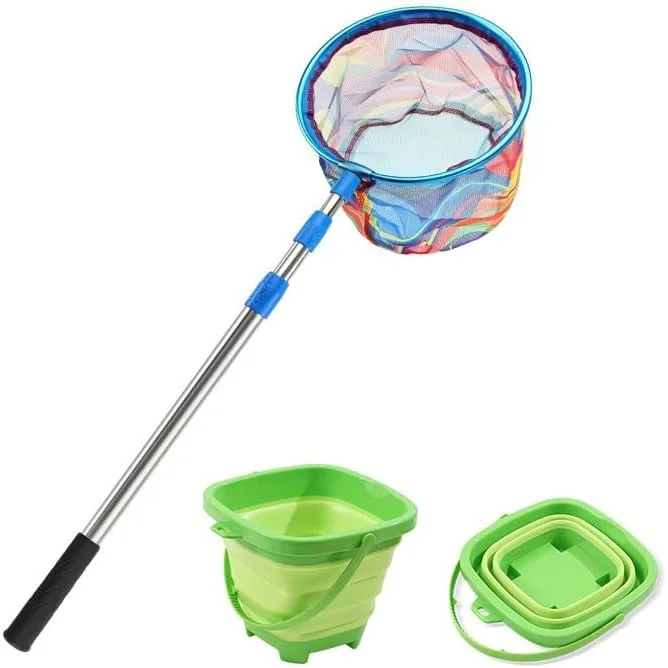 یک عدد تور ماهیگیری کودکانه، تور ماهیگیری با دسته تلسکوپی، سطل تاشو کودکانه، تور پروانه گیری ماهی کودکانه برای فعالیت های فضای باز آب شیرین و آب شور، 170 سانتی متر