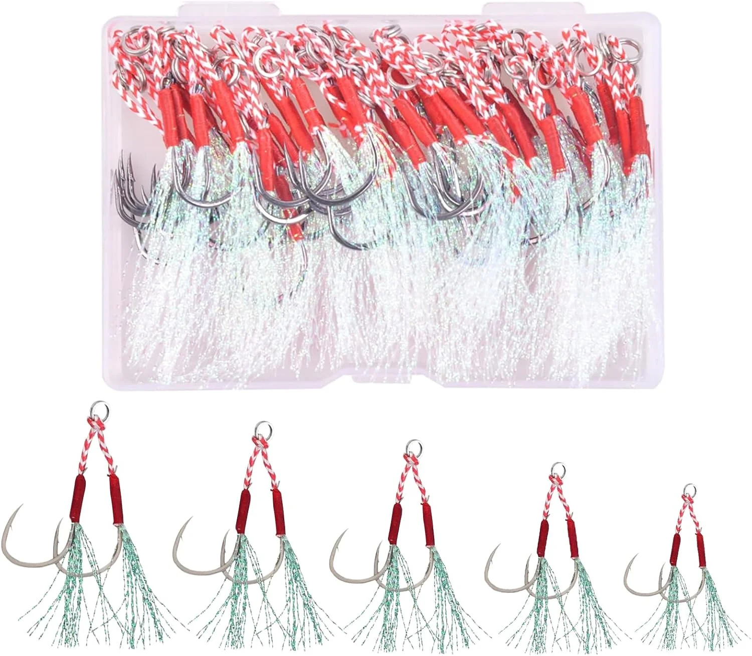 مجموعه ۵۰ عددی قلاب ماهیگیری آلیاژی تقویت شده برای جیگ های آهسته و سریع، قلاب های پروانه ای قوی برای طعمه های ماهیگیری با قلاب خاردار فولاد کربنی (۵ سایز، #20/18/17/15/14)