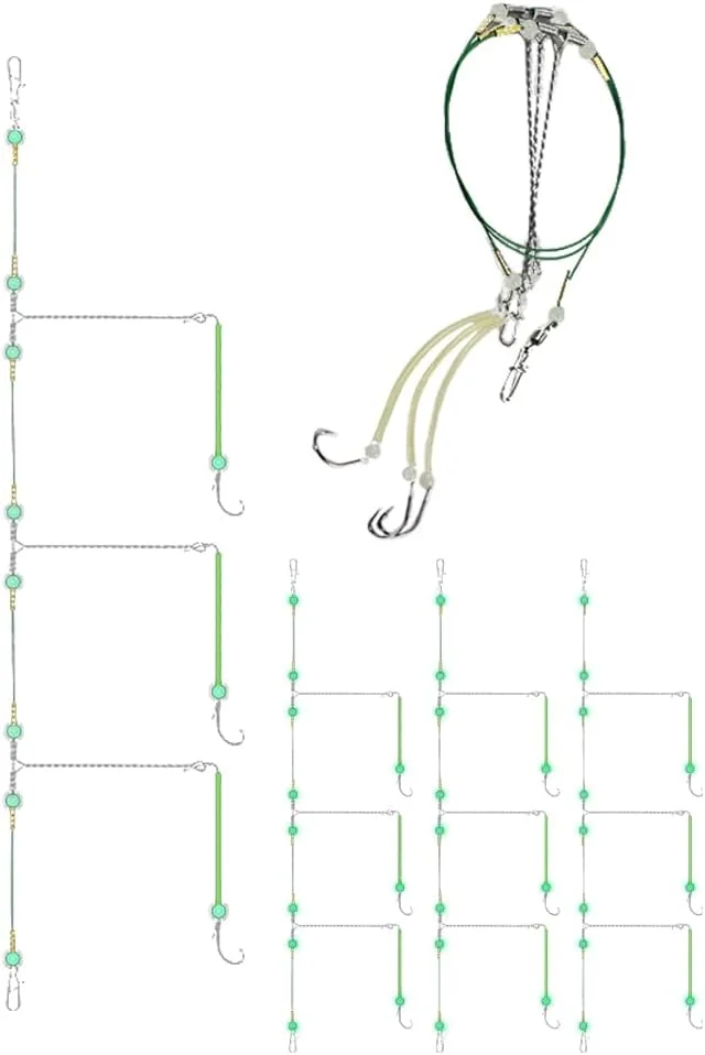ست قلاب ماهیگیری آماده ایوانز شامل 5 عدد، 3 قلاب در 1 ریسه با سیم فولادی ضد گره، ریسه طعمه با هرزه گرد و قفل چرخشی سریع و مهره های شب تاب، قلاب ماهیگیری کربنی آب شور