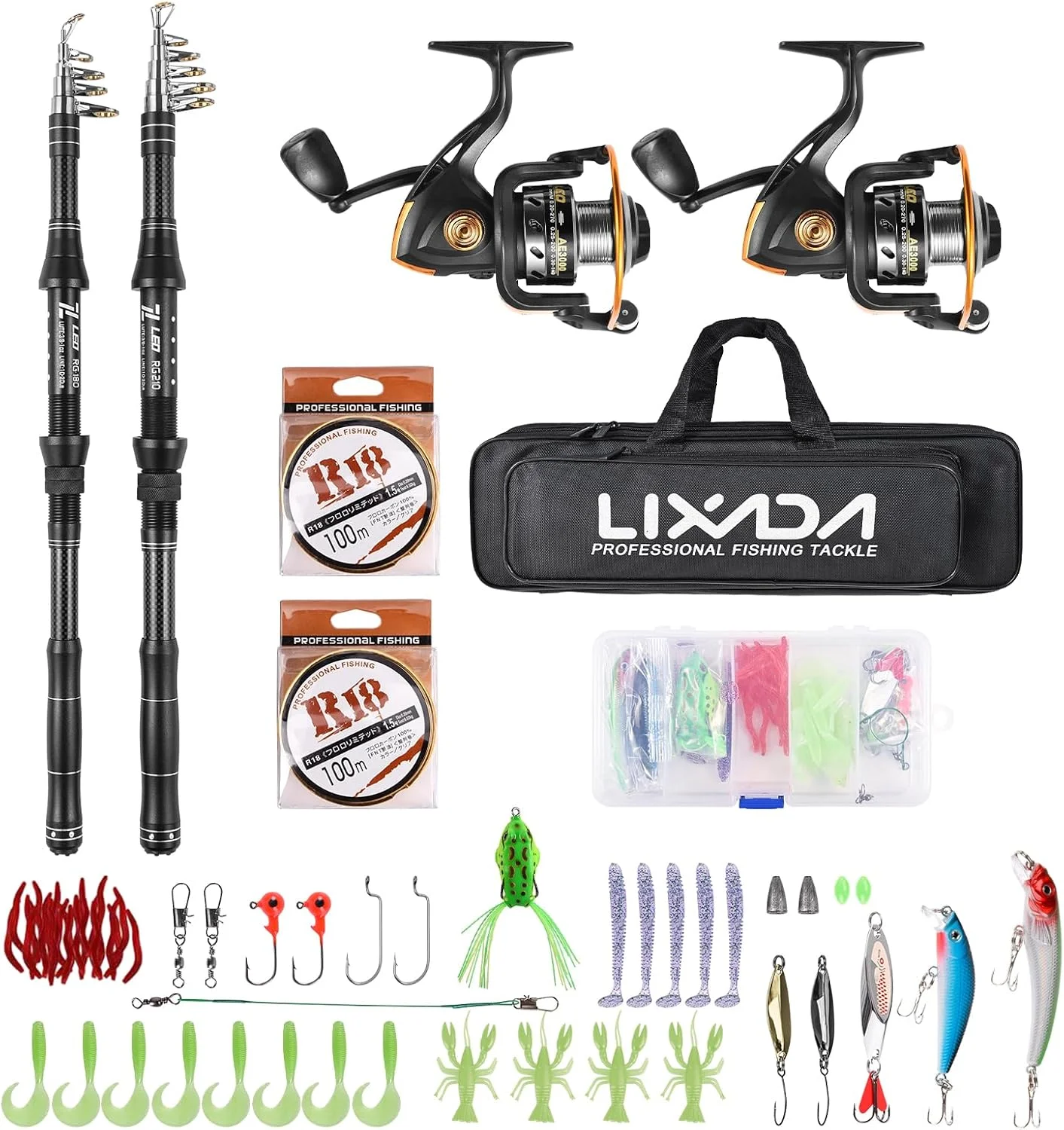 مجموعه چوب و چرخ ماهیگیری Eacam، 2 عدد چوب ماهیگیری تلسکوپی فایبرگلاس با چرخ اسپینینگ، نخ ماهیگیری، طعمه ها، قلاب ها، جیگ ها، هرزگردها، کیت ماهیگیری مسافرتی آب شور و آب شیرین