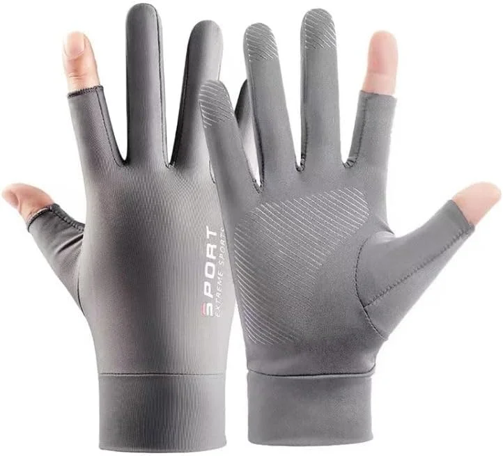 دستکش های نازک ابریشمی یخی تابستانی ضد آفتاب، دستکش های ماهیگیری ضد لغزش مناسب رانندگی | خاکستری دو انگشتی