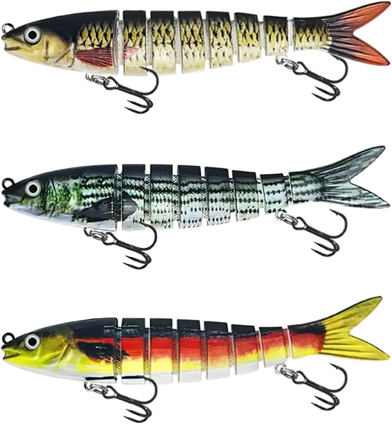 بسته 3 عددی طعمه ماهیگیری BIGTHREE برای صید اردک ماهی و باس، طعمه چند قسمتی مفصلی برای آب شیرین و آب شور، مناسب برای ماهیگیری با طعمه لرزان برای صید اردک ماهی، کپور، قزل آلا، سوف، ماهی مرکب و گربه ماهی