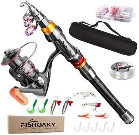 کیت چوب ماهیگیری، چوب ماهیگیری تلسکوپی فیبر کربنی و دسته قرقره به همراه طعمه های قلاب دار، کیف حمل قرقره، ست چوب ماهیگیری برای بزرگسالان، مناسب مسافرت، آب شور و آب شیرین