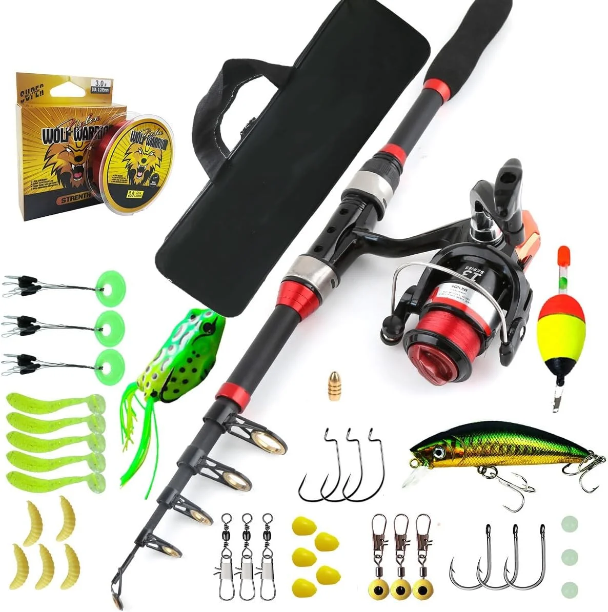 کیت چوب ماهیگیری، ست چوب و چرخ ماهیگیری تلسکوپی فیبر کربنی به همراه نخ، طعمه، قلاب و کیف حمل چرخ برای بزرگسالان، مناسب آب شور و آب شیرین و مسافرت