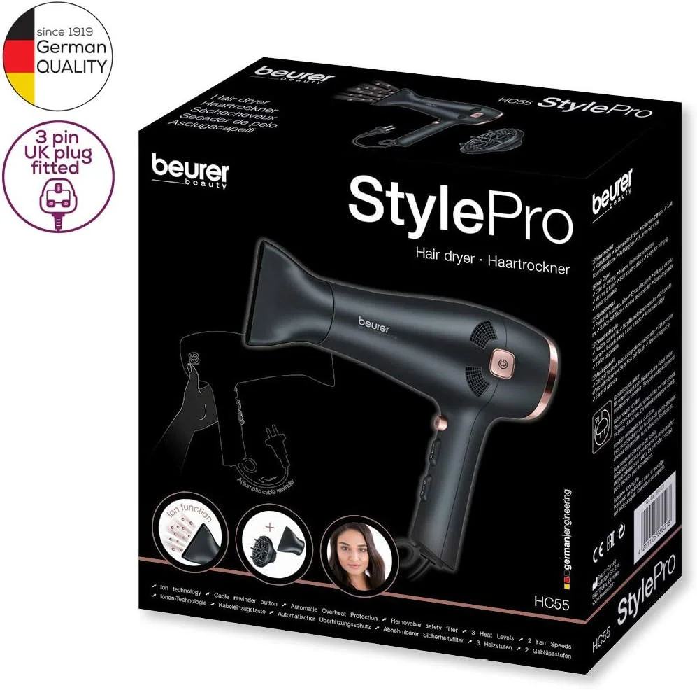 سشوار حرفه ای BEUrer Style Pro Hc55 با سیم جمع کن | سشوار 2000 وات با عملکرد یون یکپارچه | نازل باریک | پخش کننده حجم | 3 تنظیم حرارت | 2 تنظیم سرعت سشوار حرفه ای BEUrer Style Pro Hc55 با سیم جمع کن | سشوار 2000 وات با عملکرد یون یکپارچه | نازل باریک | پخش کننده حجم | 3 تنظیم حرارت | 2 تنظیم سرعت