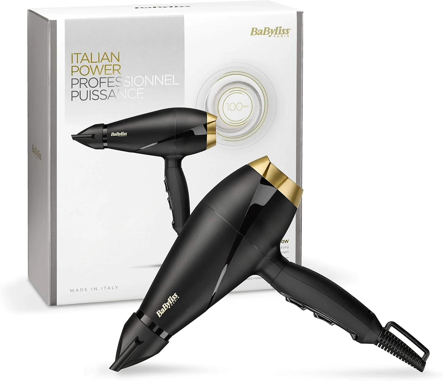 سشوار مو بابیلیس 2000 وات با نازل متمرکز کننده باریک، موتور AC برای نتایج سریع و حرفه ای، 3 حالت گرما، 2 تنظیم سرعت، مشکی و طلایی، ساخت ایتالیا 6704SDE