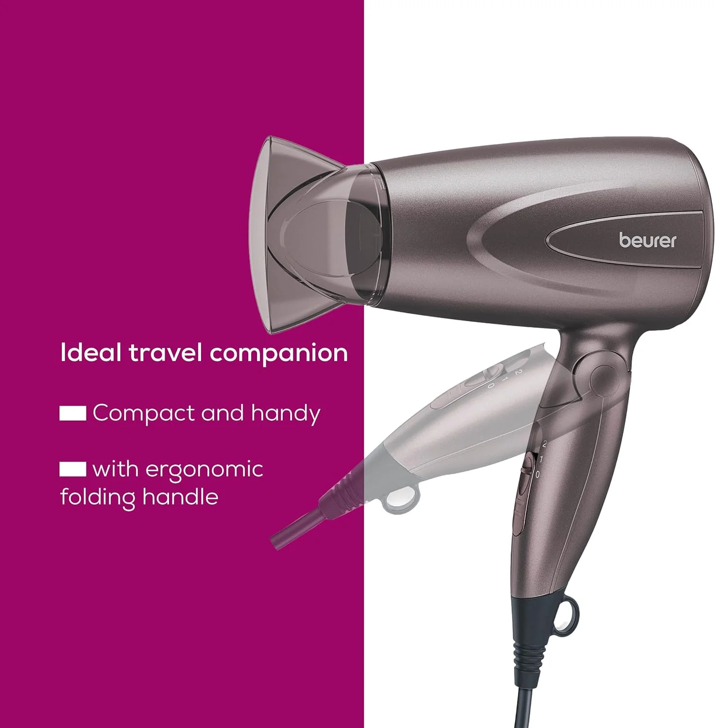 سشوار مسافرتی جمع و جور Beurer HC17 | سشوار سبک با قابلیت تاشو | 2 تنظیمات حرارت و باد | 1300 وات | محافظت در برابر گرمای بیش از حد و نازل حرفه ای | دسته تاشو برای مسافرت