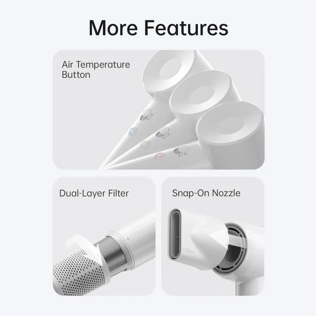 سشوار مو لایفن مدل Se Lite، سشوار یونی منفی با 150 میلیون یون، موتور براشلس 100000 دور در دقیقه، سشوار پرقدرت 1400 واتی با سرعت بالا و صدای کم، طراحی سبک و جمع و جور (سفید)