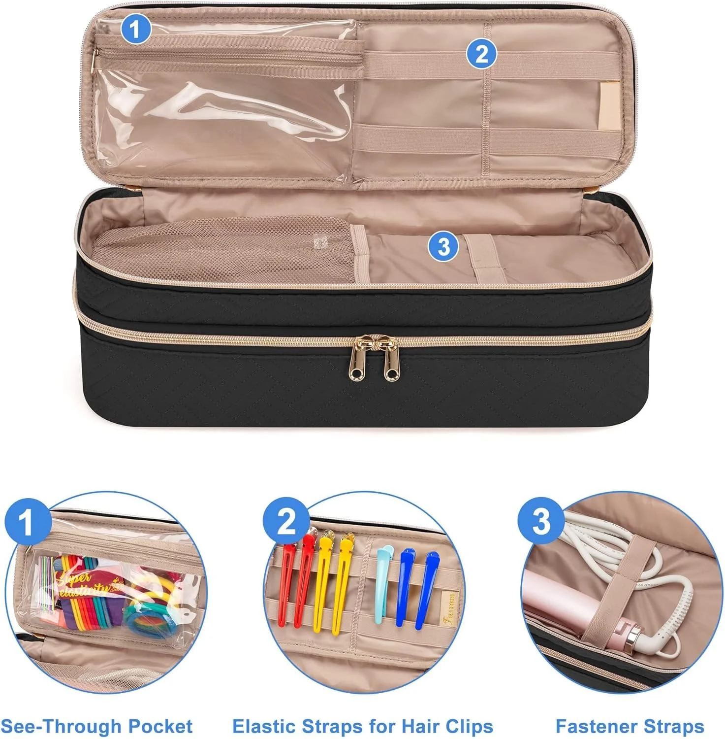 کیف مسافرتی دو لایه مشکی مناسب برای سشوار/حجم دهنده/استایلر مو REVLON One-Step، برای Shark FlexStyle/SmoothStyle، کیف سازمان دهنده قابل حمل و مقاوم در برابر آب