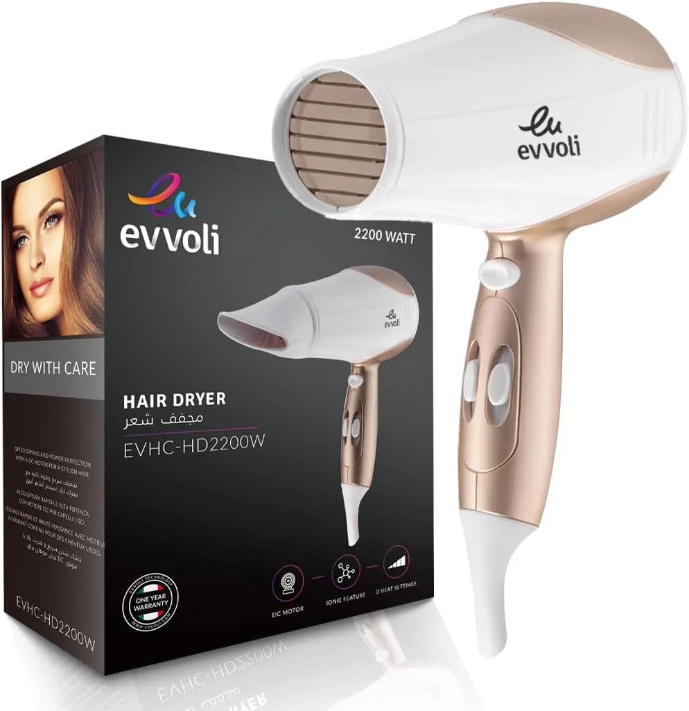 سشوار evvoli، 2200 وات، موتور DC قدرتمند، سشوار خشک کننده سریع با 2 سرعت و 3 تنظیمات، EVHC-HD2200W