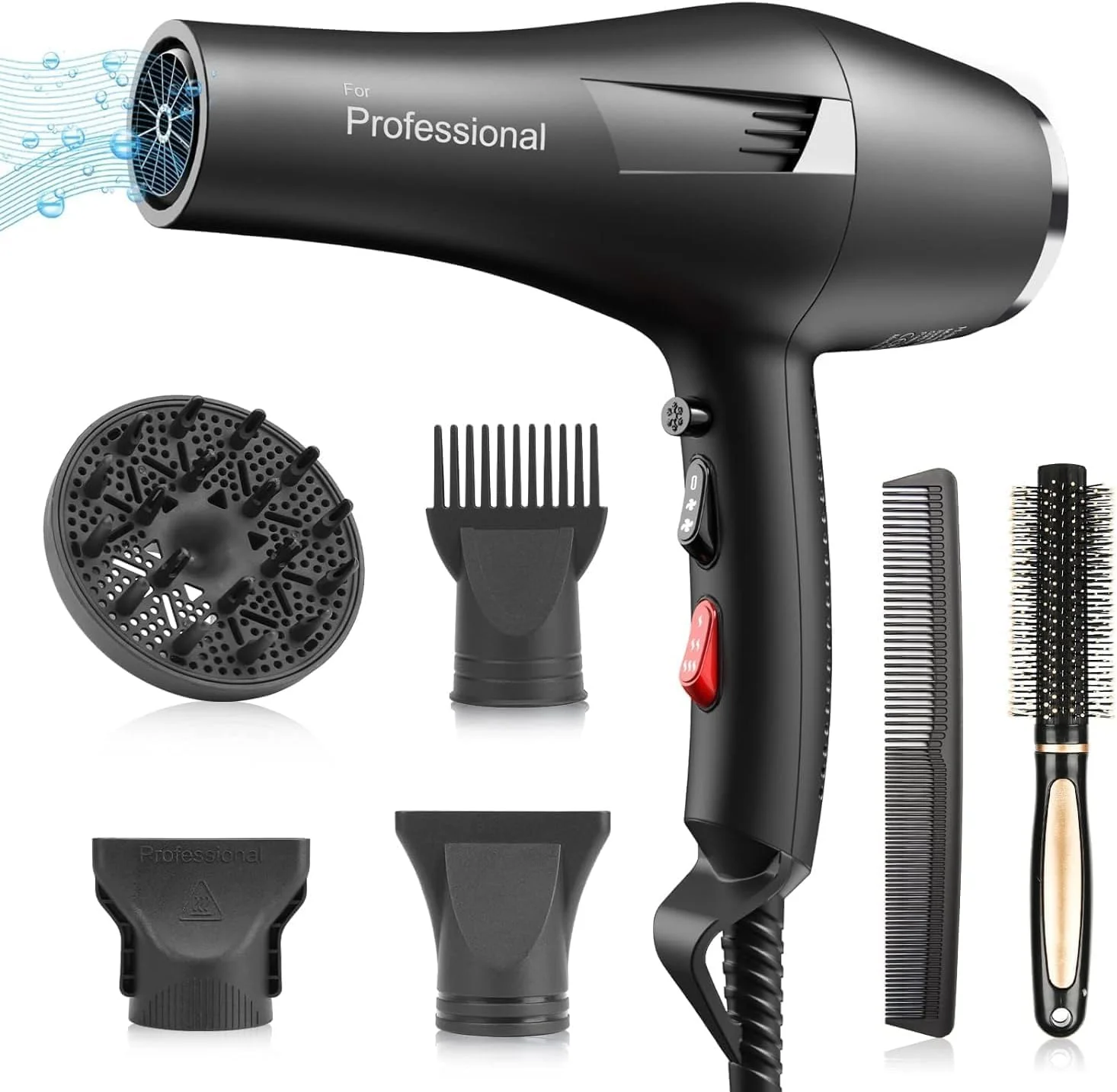 سشوار یونی فاسزین، سشوار حرفه ای سالنی 2400 وات با موتور AC، خشک کننده سریع با 2 سرعت، 3 تنظیم حرارت، دکمه خنک کننده، به همراه دیسپانسر، نازل، شانه متمرکز کننده برای موهای فر و صاف