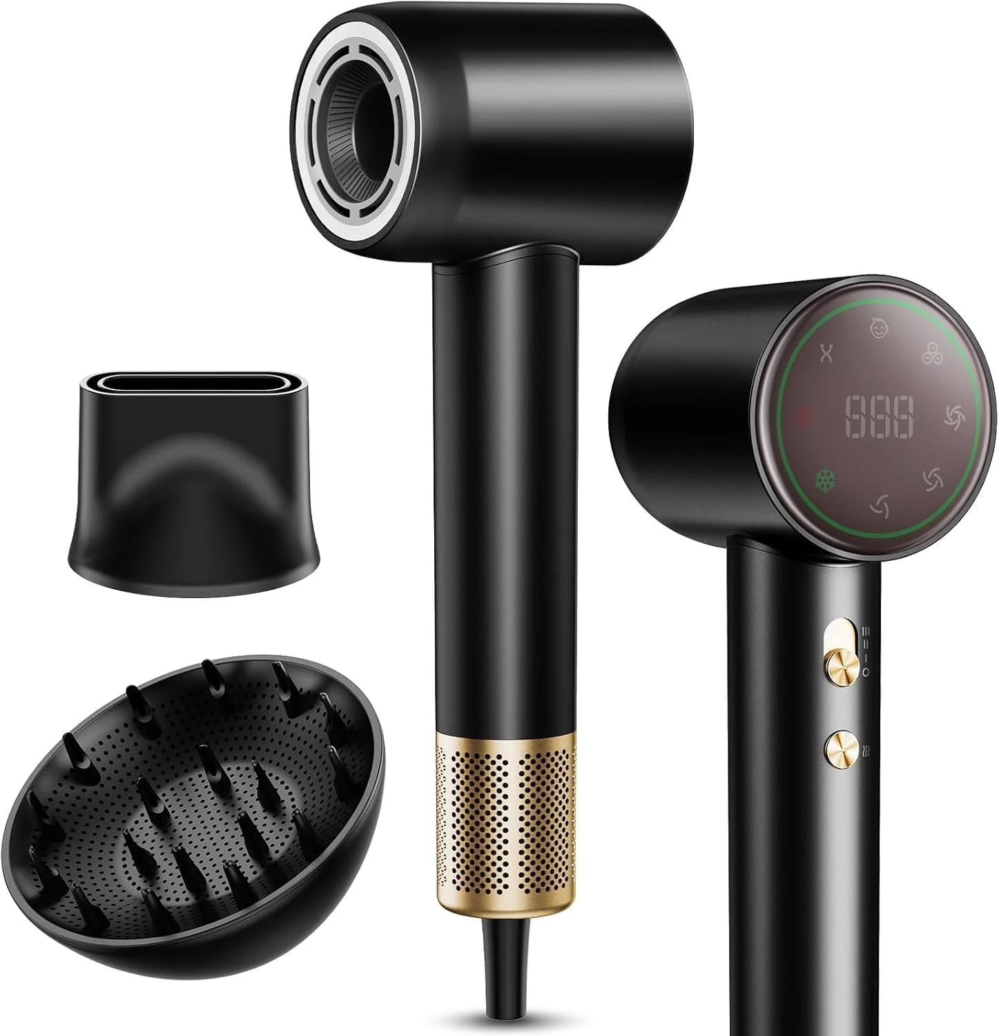 سشوار حرفه ای مو - موتور براشلس 110،000 دور در دقیقه با فناوری یون منفی، خشک کردن سریع 1600 واتی با 4 تنظیمات حرارت/3 سرعت، نازل مغناطیسی و صفحه نمایش LCD - عملکرد سالن در خانه