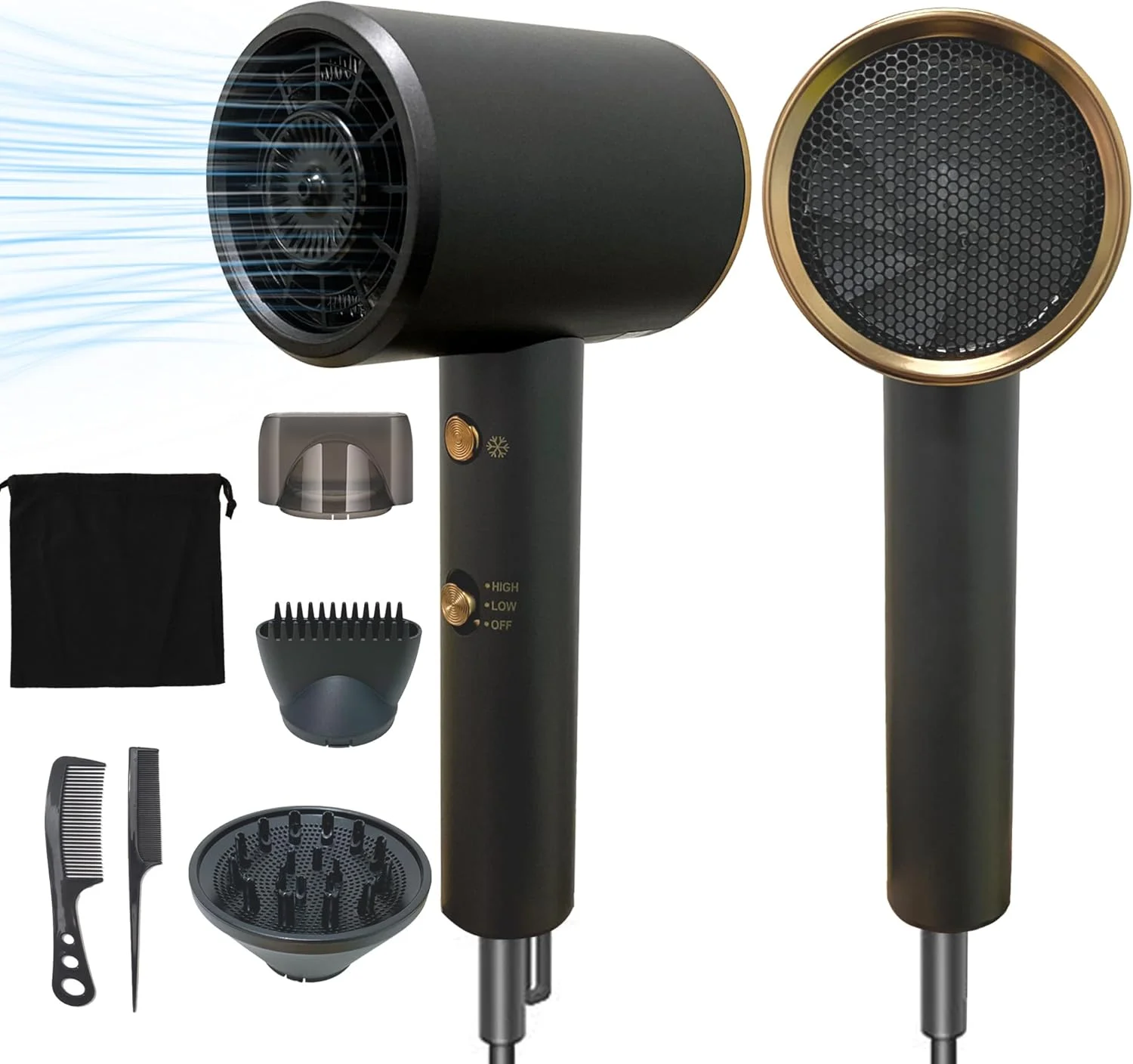 سشوار یونی 2000 واتی، سشوار سریع خشک کننده حرفه ای سالن، 3 حالت حرارتی/2 سرعت/سرد با 2 متمرکز کننده، 1 پخش کننده، سشوار کم صدا و قوی برای سالن، خانه، مسافرت