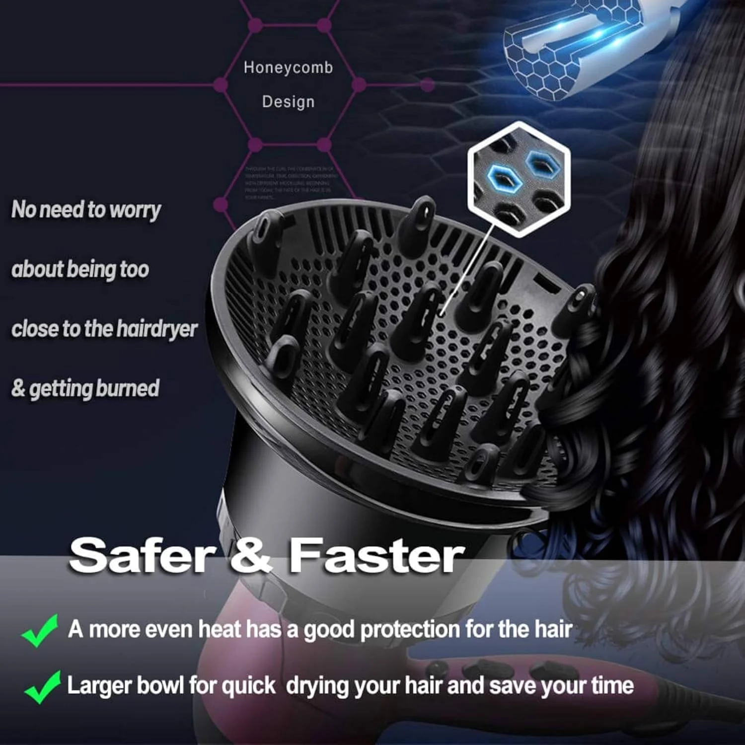 پخش کننده (دیفیوزر) سشوار یونیورسال برای موهای فر، موج دار، ضخیم و طبیعی، پخش کننده حرفه ای سشوار با المنت لانه زنبوری، قابل تنظیم از 3.5 تا 6.6 سانتی متر برای نازل سشوار