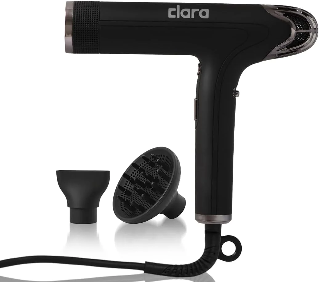 سشوار یونی براق کننده مو کلارا - سشوار 2000 واتی با موتور یونی، فناوری ضد وز و تقویت کننده درخشندگی - 3 تنظیمات حرارت و قدرت، تمیز کردن خودکار و کیف مسافرتی، مشکی