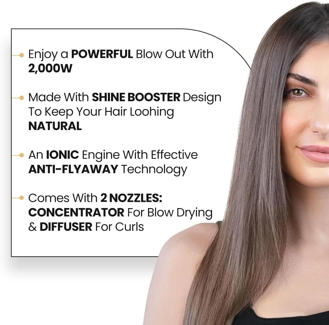 سشوار یونی براق کننده مو کلارا - سشوار 2000 واتی با موتور یونی، فناوری ضد وز و تقویت کننده درخشندگی - 3 تنظیمات حرارت و قدرت، تمیز کردن خودکار و کیف مسافرتی، مشکی