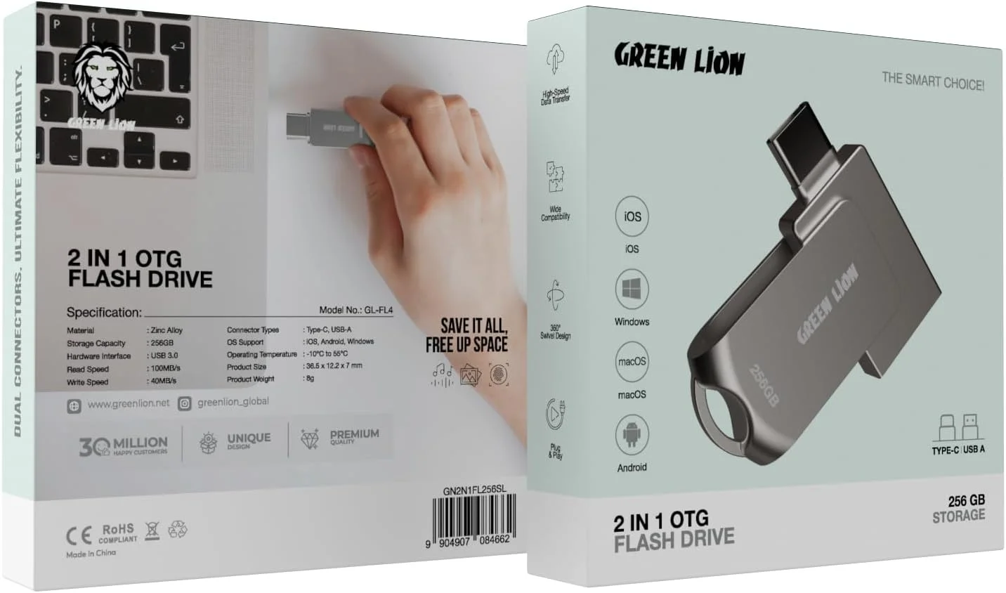 فلش مموری دو کاره 256 گیگابایتی Green Lion با پورت USB-C، انتقال داده با سرعت بالا USB 3.0، پشتیبانی از USB-A و Type-C OTG، طراحی چرخان 360 درجه، سرعت خواندن 100 مگابایت بر ثانیه، مناسب برای گوشی هوشمند/لپ تاپ/کامپیوتر - نقره ای