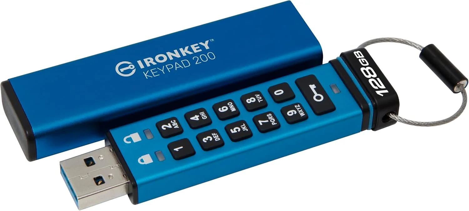 حافظه فلش رمزنگاری شده کینگستون Ironkey Keypad 200 با ظرفیت 128 گیگابایت | صفحه کلید الفبایی-عددی | دسترسی چند پین | XTS-AES 256-bit | دارای گواهینامه FIPS 140-3 Level 3 | محافظت در برابر حملات Brute Force و BadUSB | مدل IKKP200/128GB, آبی حافظه فلش رمزنگاری شده کینگستون Ironkey Keypad 200 با ظرفیت 128 گیگابایت | صفحه کلید الفبایی-عددی | دسترسی چند پین | XTS-AES 256-bit | دارای گواهینامه FIPS 140-3 Level 3 | محافظت در برابر حملات Brute Force و BadUSB | مدل IKKP200/128GB, آبی