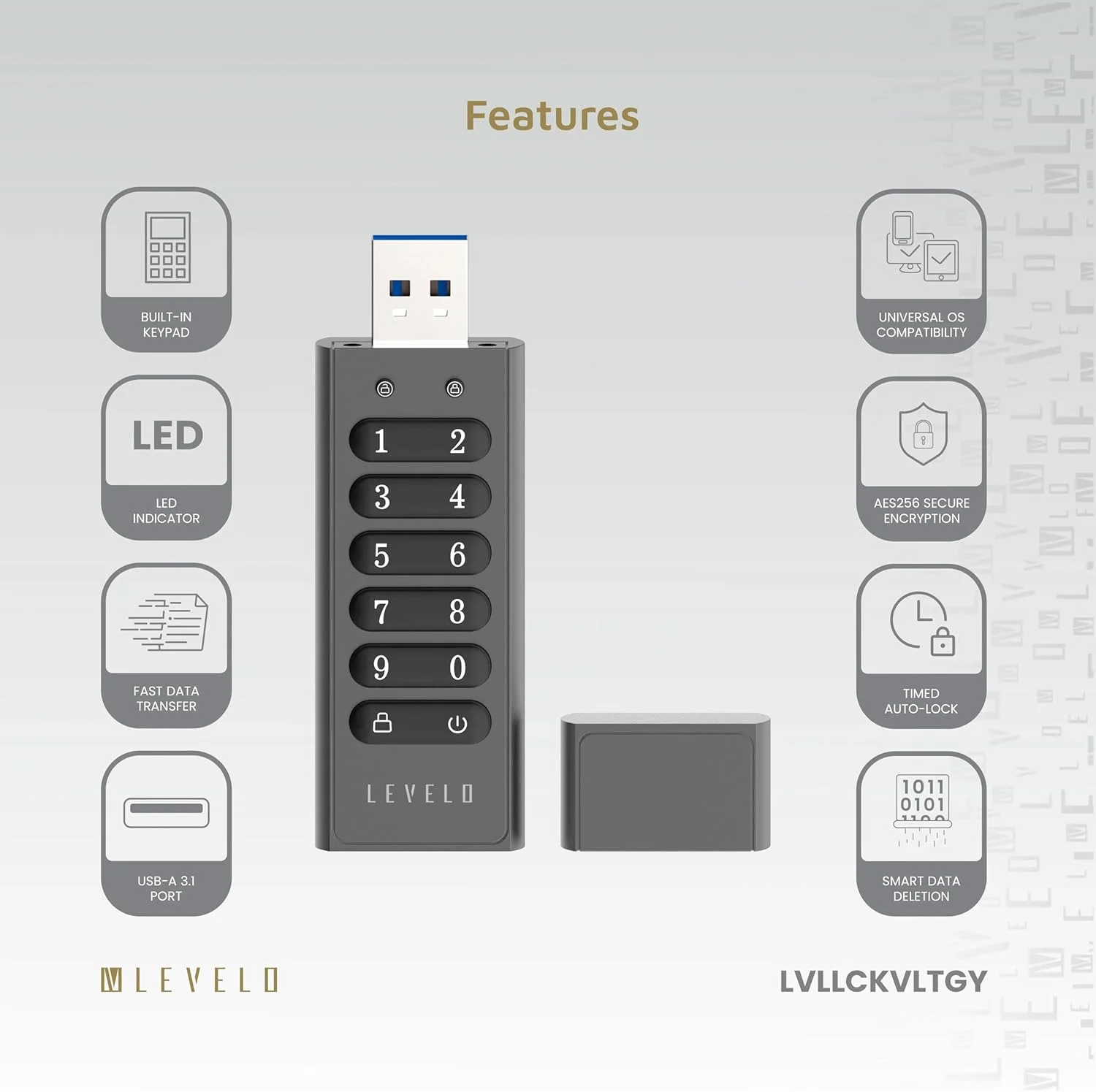 فلش مموری USB دیجیتال Levelo LockVault با ظرفیت 128 گیگابایت - خاکستری