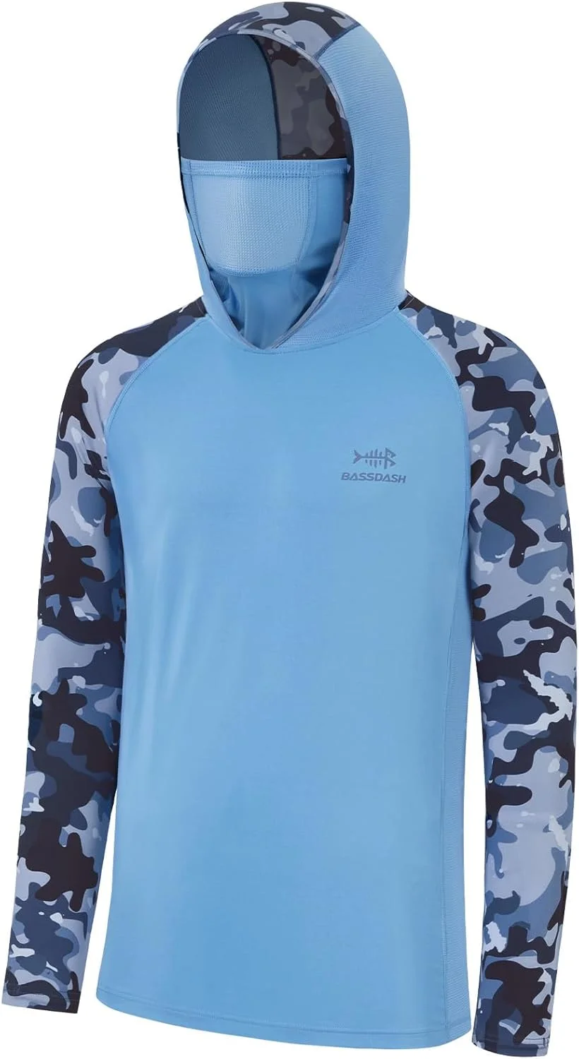 هودی آستین بلند مردانه با محافظت UPF 50+ و طرح استتار به همراه ماسک و پوشش گردن، مناسب ماهیگیری و پیاده‌روی