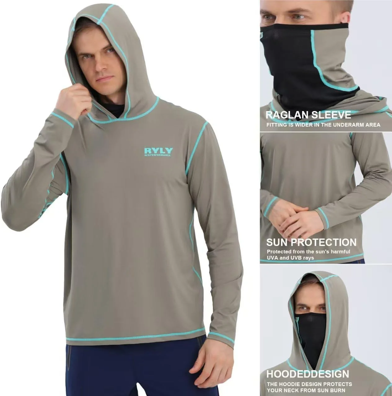 پیراهن ماهیگیری مردانه، آستین بلند محافظ در برابر آفتاب با کلاه و ماسک UPF 50+، هودی و پیراهن های پیاده روی (M) سبز ارتشی