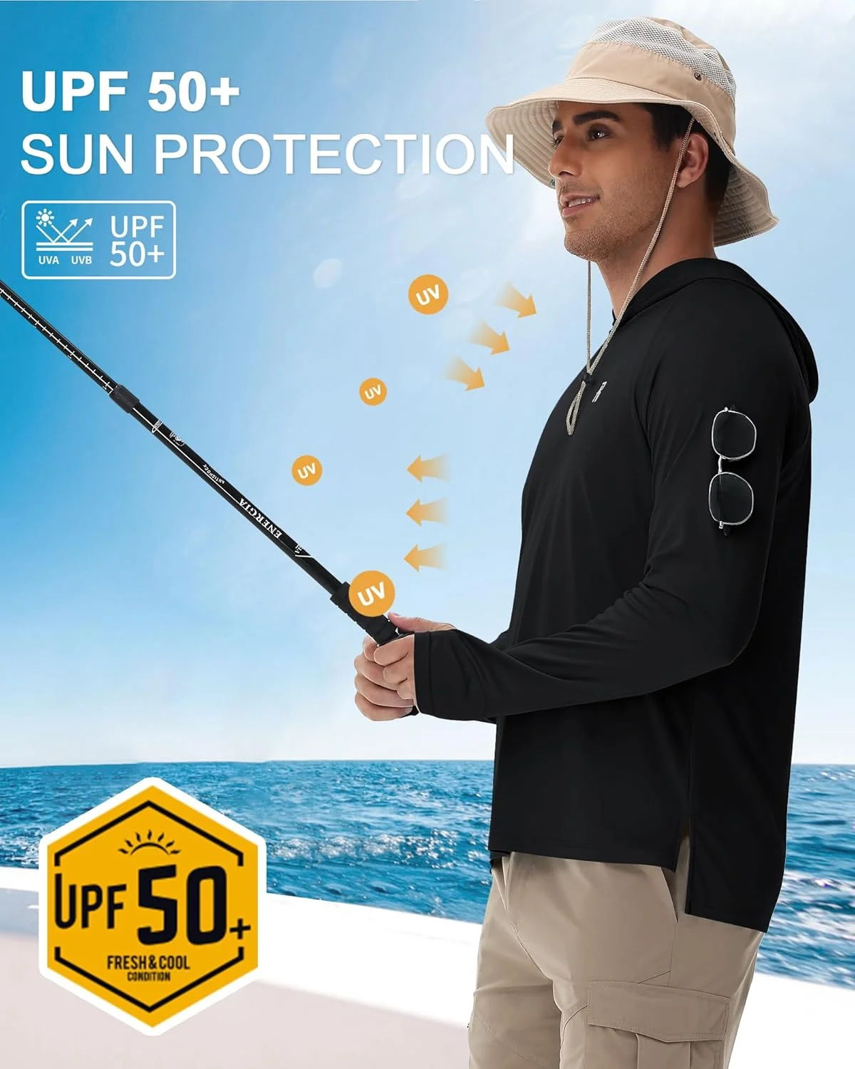 پیراهن آستین بلند مردانه Runhit با محافظت UPF 50+، هودی سبک وزن محافظ آفتاب، مناسب برای پیاده‌روی، دویدن و محافظت در برابر اشعه ماوراء بنفش