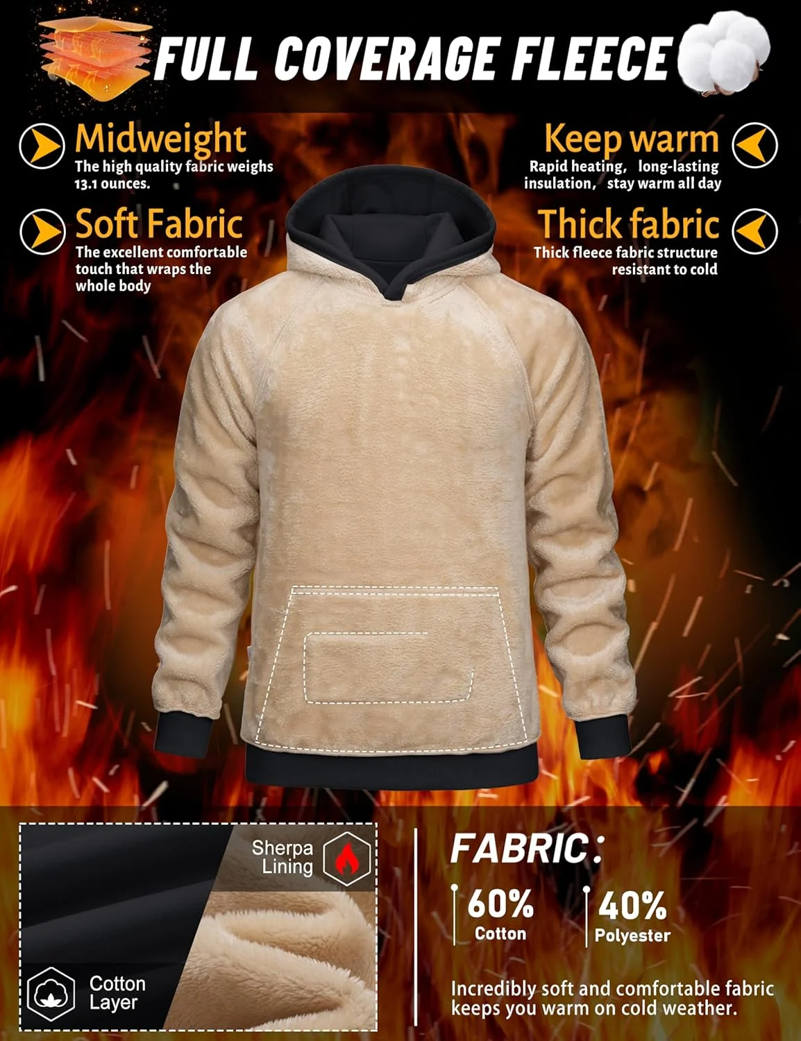 هودی مردانه TACVASEN با آستر پشمی ضخیم، گرم و مناسب فصل زمستان، دارای جیب کانگورویی