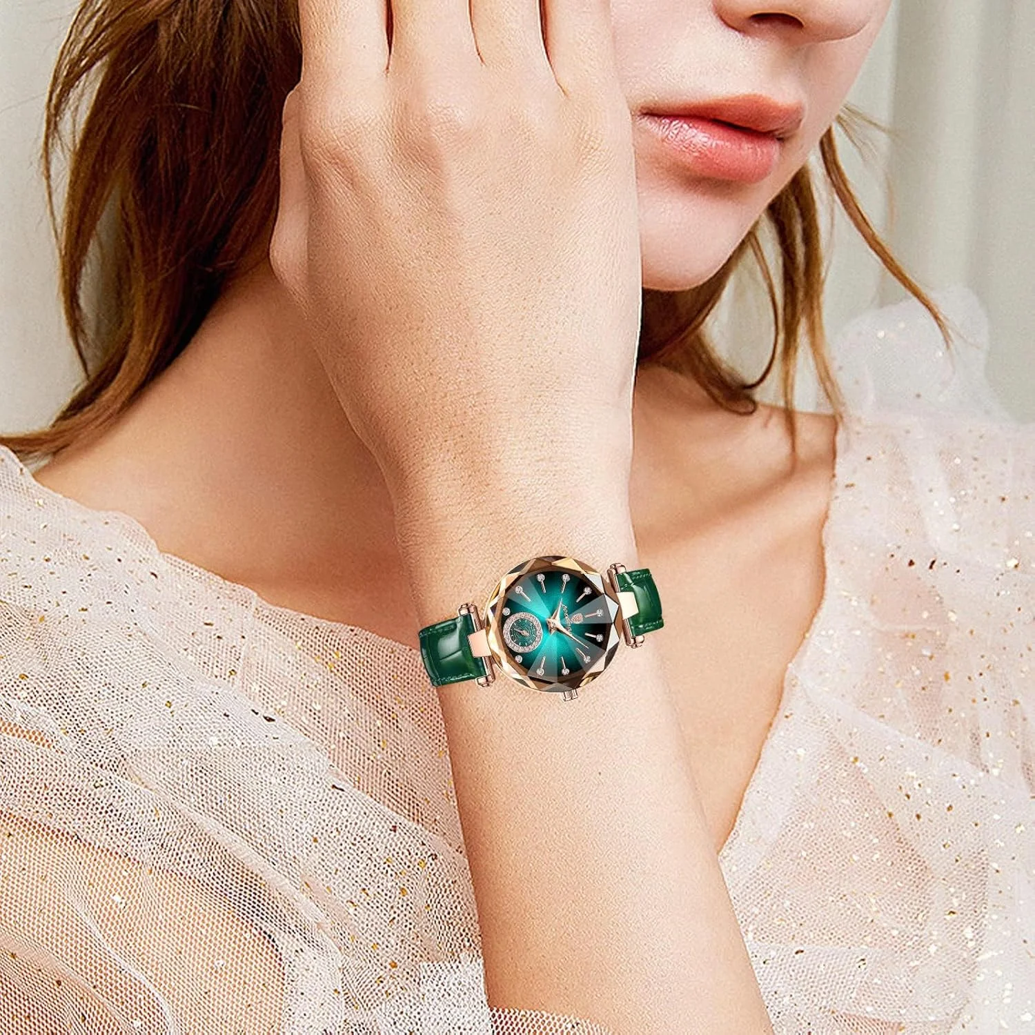 ساعت مچی زنانه با بند چرمی شیک، ساعت مچی آنالوگ فشن با صفحه الماس‌نشان خلاقانه، هدیه جواهری برای سالگرد ازدواج و تولد