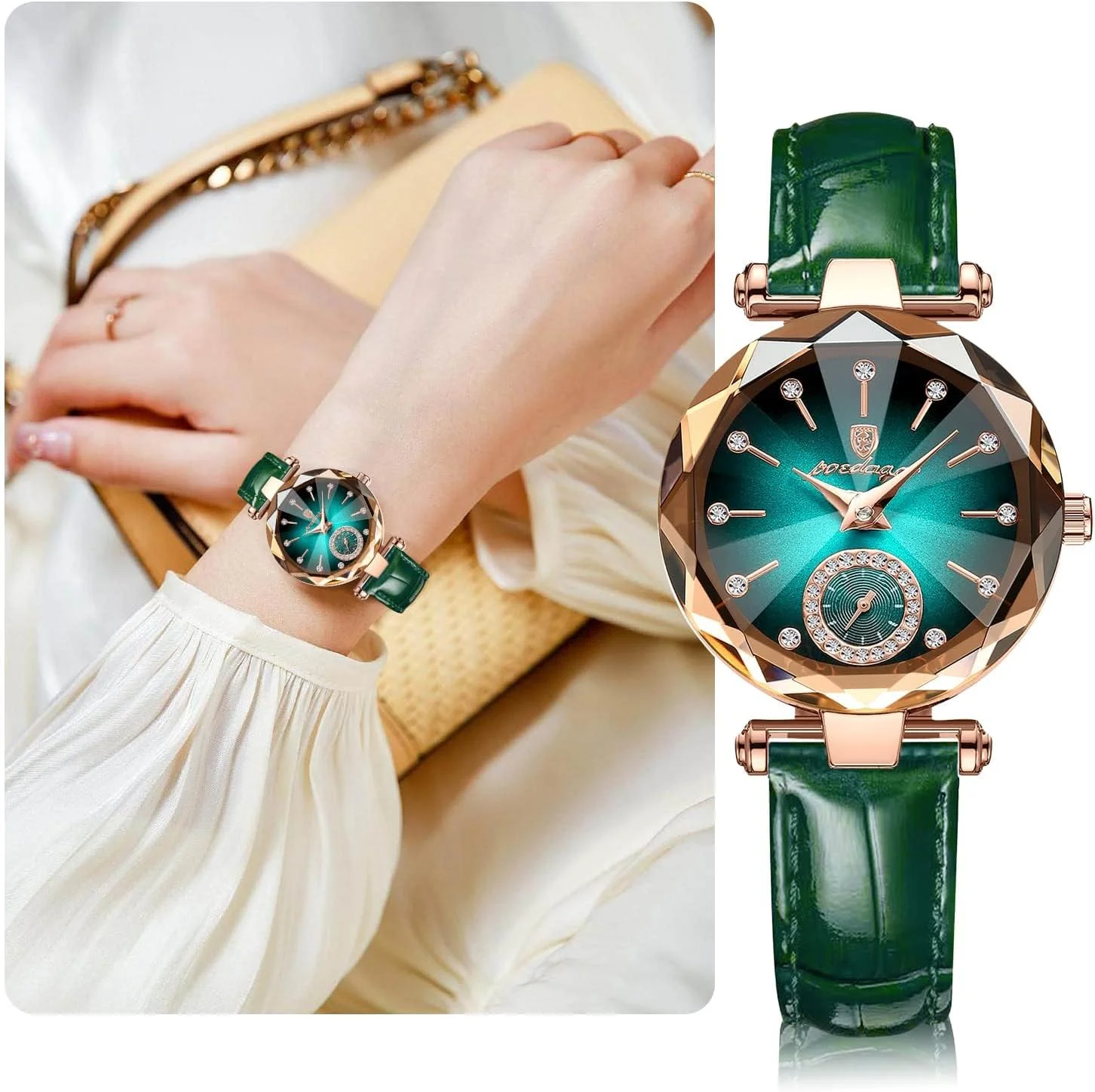 ساعت مچی زنانه با بند چرمی شیک، ساعت مچی آنالوگ فشن با صفحه الماس‌نشان خلاقانه، هدیه جواهری برای سالگرد ازدواج و تولد