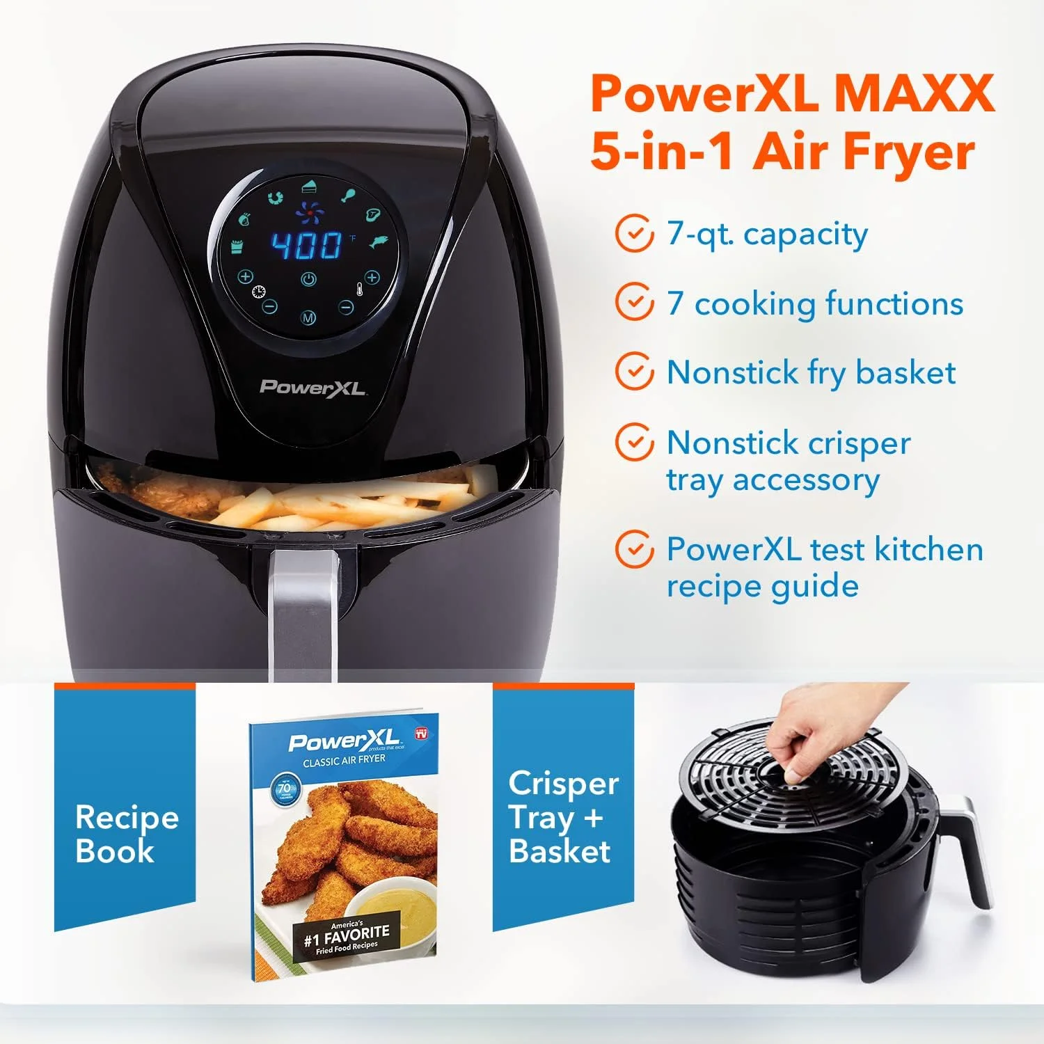 سرخ کن هوا PowerXL مدل 7 QT Maxx Classic، سرخ کن هوای فوق العاده داغ، پخت و پز، ترد کردن، گریل کردن، برشته کردن، پخت، روکش براق، نچسب، مشکی