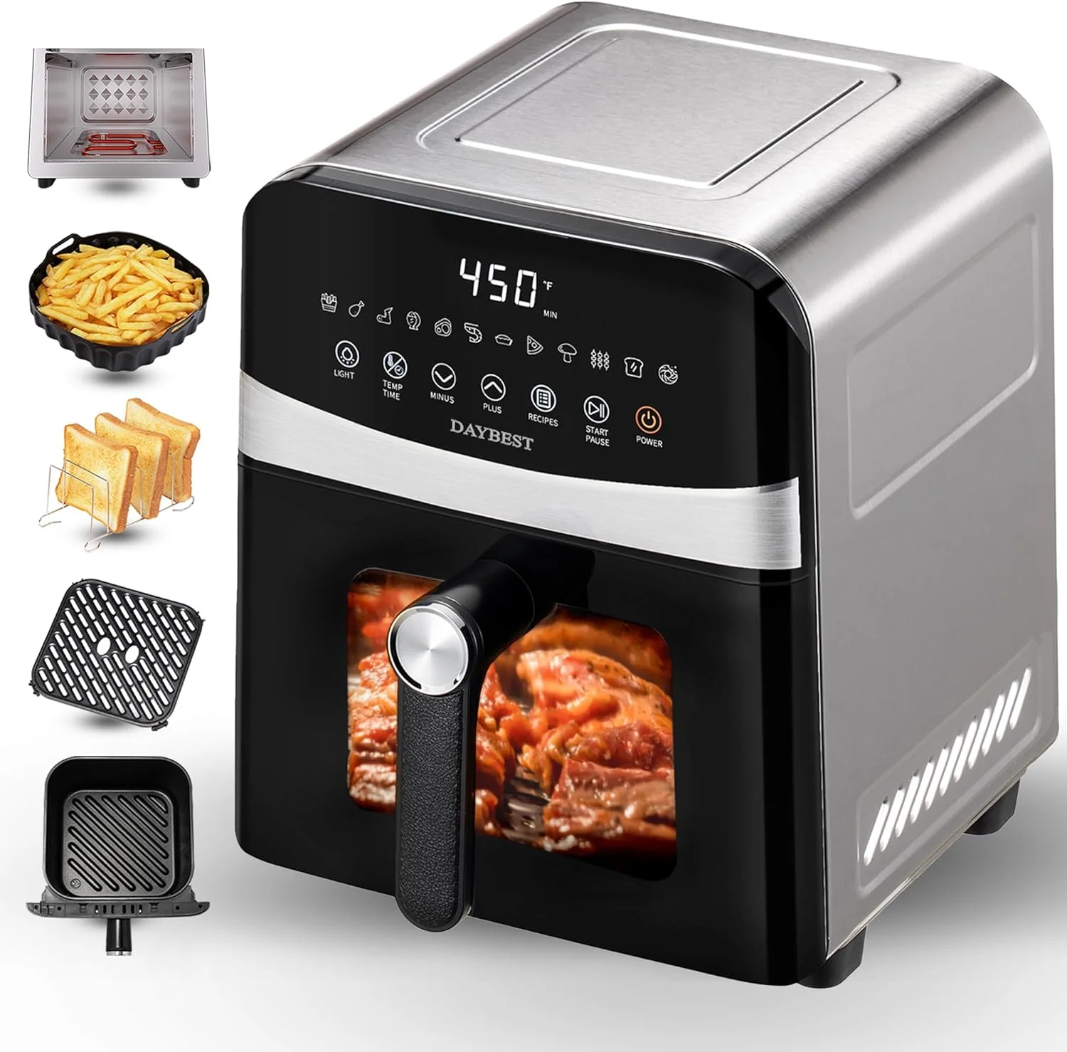 سرخ کن هوا 6QT، مناسب 2-3 نفر، 12 در 1، محفظه استیل ضد زنگ و فلزی کامل، سبد عمیق با پوشش سرامیکی ممتاز بدون PFAS و PTFE، توان 1700 وات، کیت های قابل شستشو در ماشین ظرفشویی DAYBEST (استیل ضد زنگ) سرخ کن هوا 6QT، مناسب 2-3 نفر، 12 در 1، محفظه استیل ضد زنگ و فلزی کامل، سبد عمیق با پوشش سرامیکی ممتاز بدون PFAS و PTFE، توان 1700 وات، کیت های قابل شستشو در ماشین ظرفشویی DAYBEST (استیل ضد زنگ)