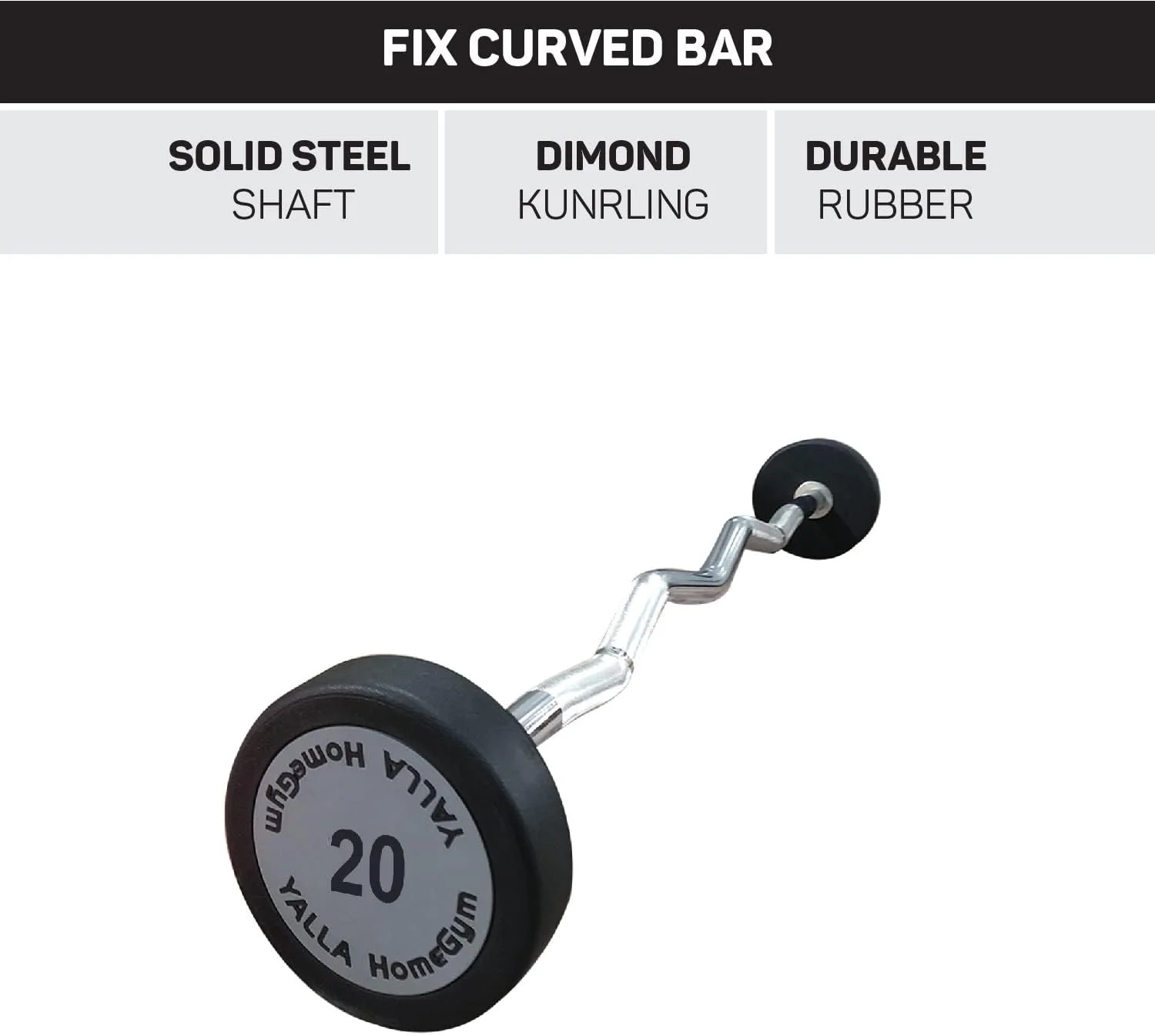 میله هالتر خم EZ ثابت وزنه دار تجاری باشگاه المپیک YALLA HomeGym، میله های فولادی، ساختار فولادی جامد با روکش کروم با دسته آجدار ضد لغزش، برای وزنه برداری و بدنسازی