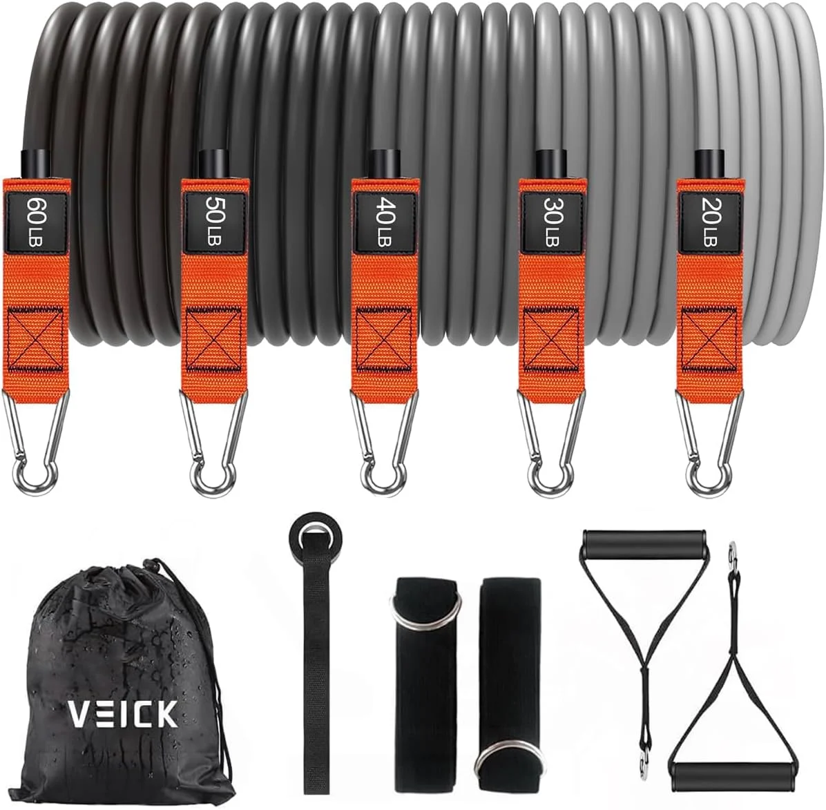 ست کش های مقاومتی VEICK، کش های ورزشی، کش های تمرینی، 5 کش تیوبی تناسب اندام با لنگر دری، دسته، کیف قابل حمل، بند های مچ پا برای تمرین عضلات، فیزیوتراپی، فرم دهی بدن، تمرینات خانگی