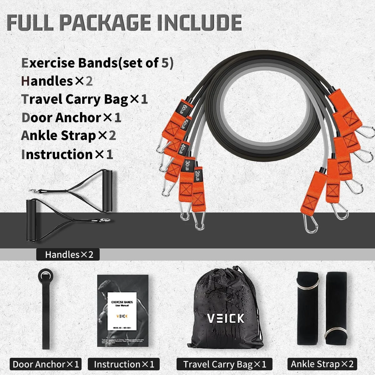 ست کش های مقاومتی VEICK، کش های ورزشی، کش های تمرینی، 5 کش تیوبی تناسب اندام با لنگر دری، دسته، کیف قابل حمل، بند های مچ پا برای تمرین عضلات، فیزیوتراپی، فرم دهی بدن، تمرینات خانگی
