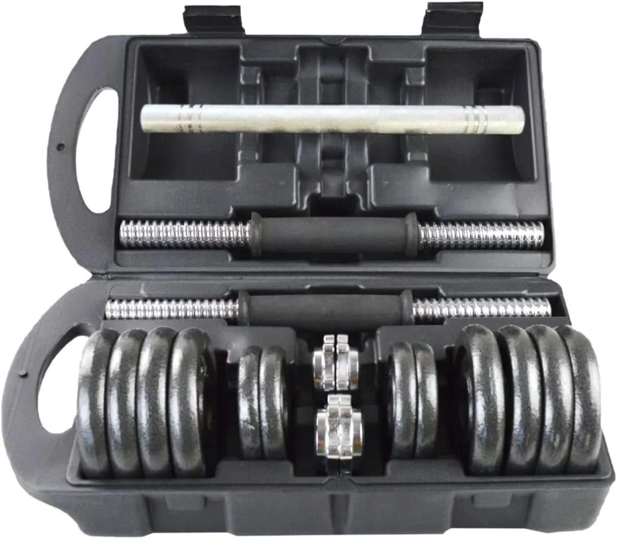 ست دمبل قابل تنظیم 15 کیلوگرمی Sparnod Fitness با 2 میله و 12 صفحه وزنه - دمبل های کرومی با دسته ضد لغزش و کیف حمل (SD-15)