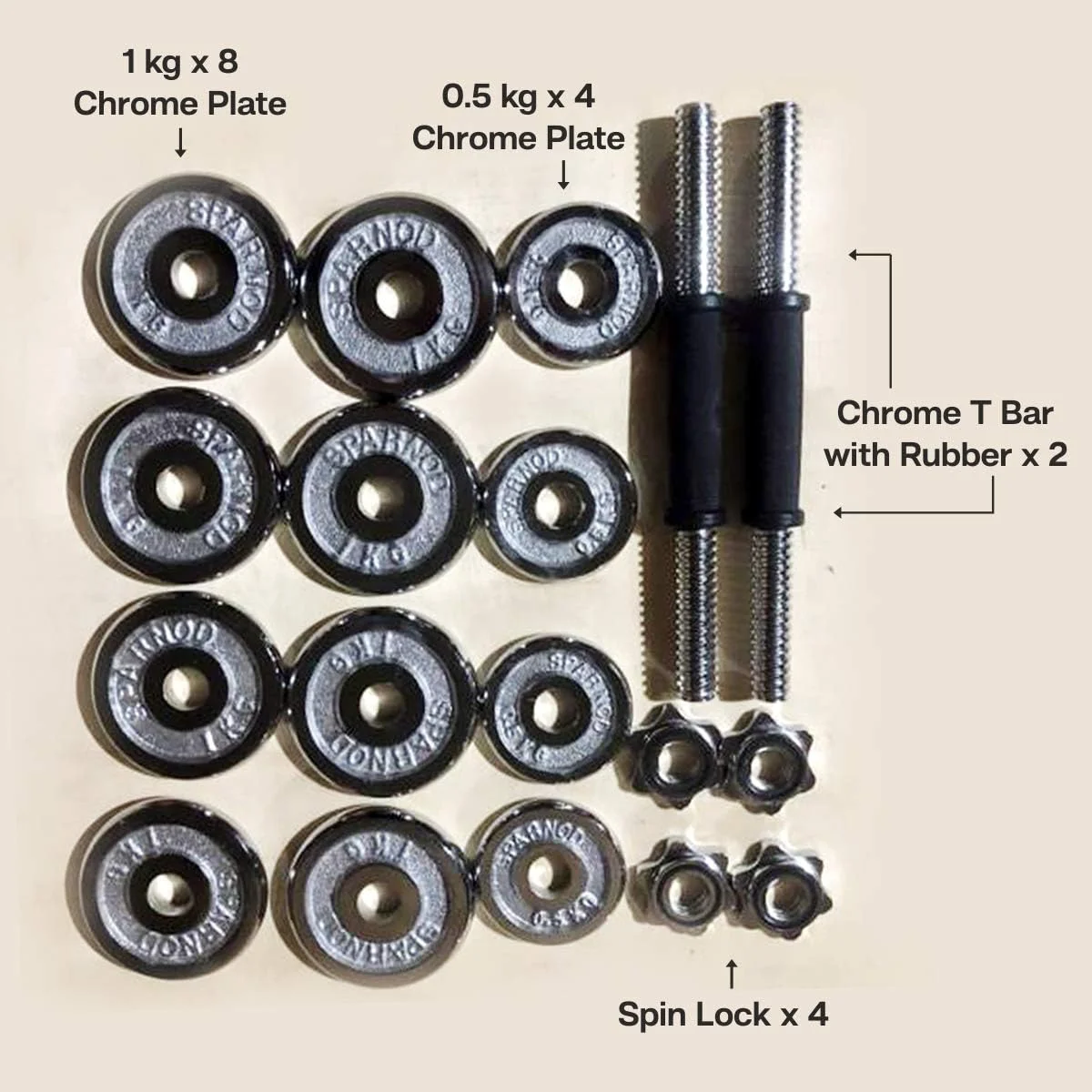 ست دمبل قابل تنظیم 15 کیلوگرمی Sparnod Fitness با 2 میله و 12 صفحه وزنه - دمبل های کرومی با دسته ضد لغزش و کیف حمل (SD-15)