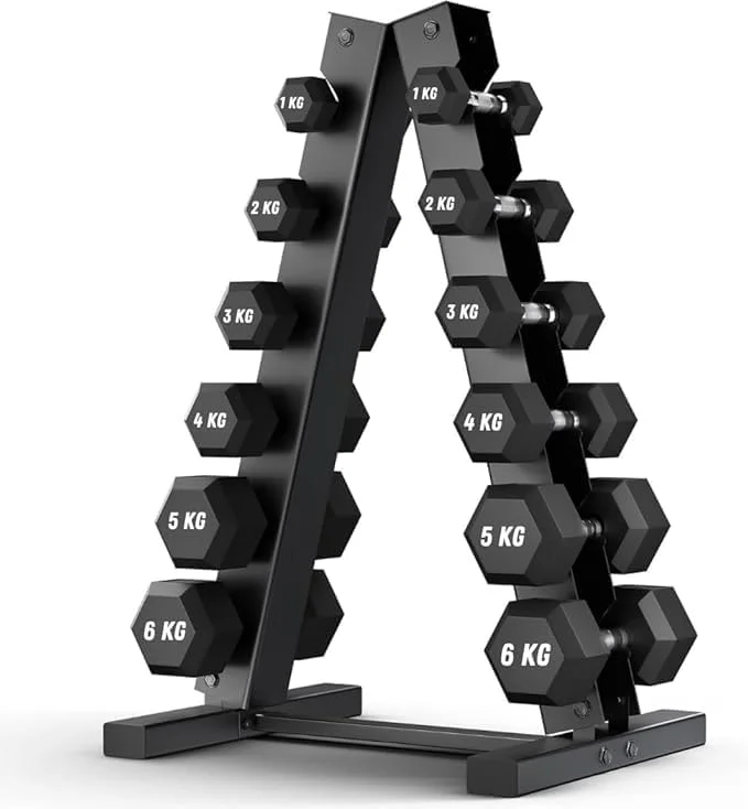 مجموعه دمبل های شش ضلعی Proxima Health & Fitness با رک A-فریم 6 طبقه سنگین - 6 جفت دمبل با روکش لاستیکی (1 تا 6 کیلوگرم) | تجهیزات تمرین قدرتی کم جا برای باشگاه های خانگی و تجاری