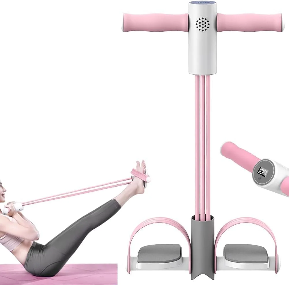 کشنده پدالی چند منظوره BIGTHREE، کشنده طناب مقاومت پدالی، کشنده دراز و نشست، با طناب 4 لوله و شمارنده الکترونیکی، تمرین دهنده برای تمرینات شکم، پا و تمرینات یوگا، صورتی.