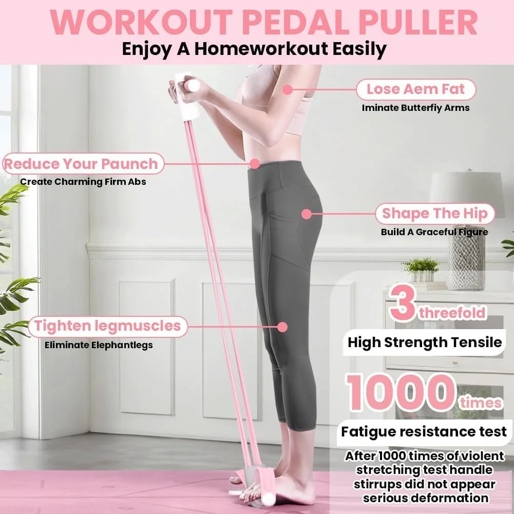 کشنده پدالی چند منظوره BIGTHREE، کشنده طناب مقاومت پدالی، کشنده دراز و نشست، با طناب 4 لوله و شمارنده الکترونیکی، تمرین دهنده برای تمرینات شکم، پا و تمرینات یوگا، صورتی.