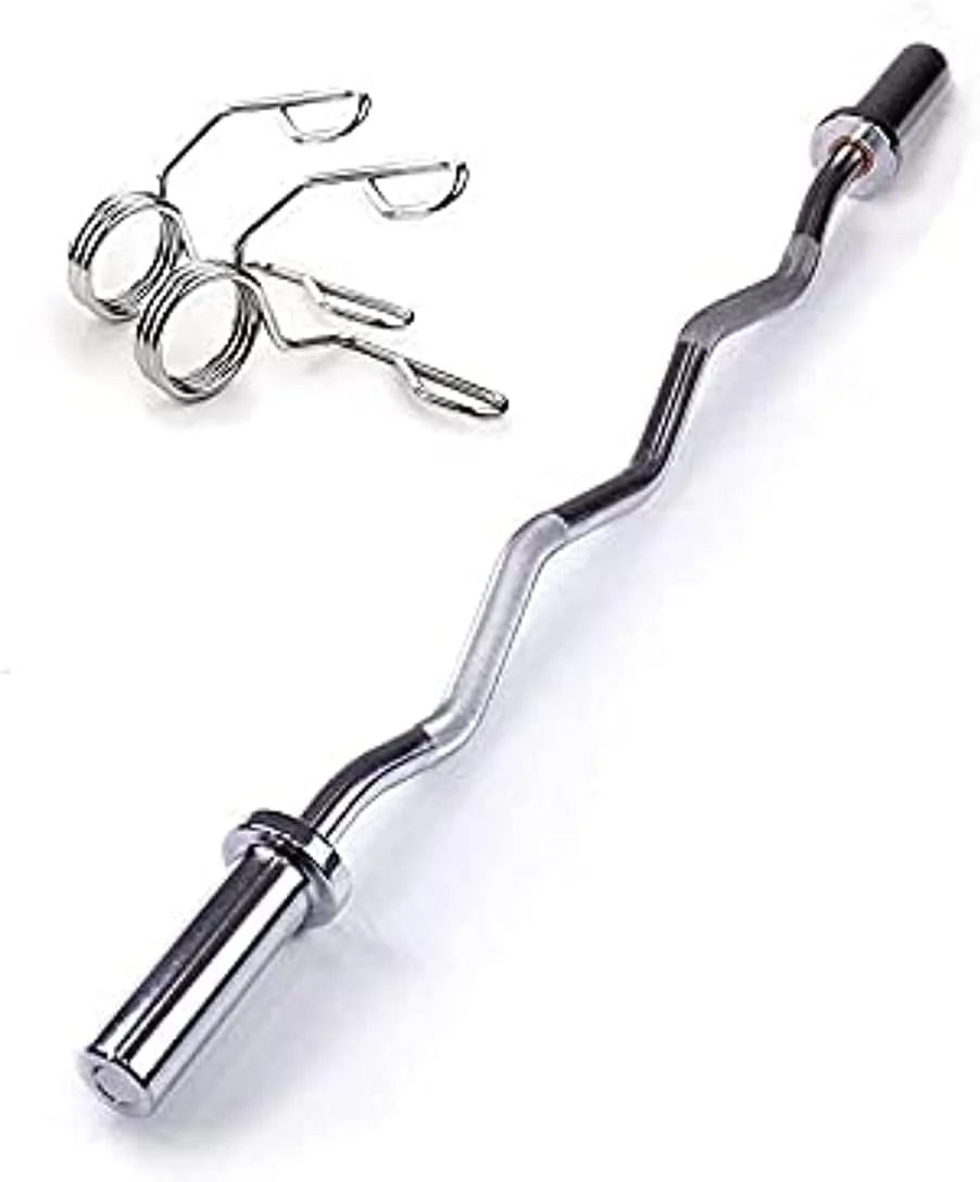 میله هالتر فر کننده سوپر استاندارد المپیک 1441 Fitness برای تمرین وزنه برداری، ورزش و تمرینات بدنسازی، میله کروم EZ جامد با دسته آجدار و فنری (120 سانتی متر)