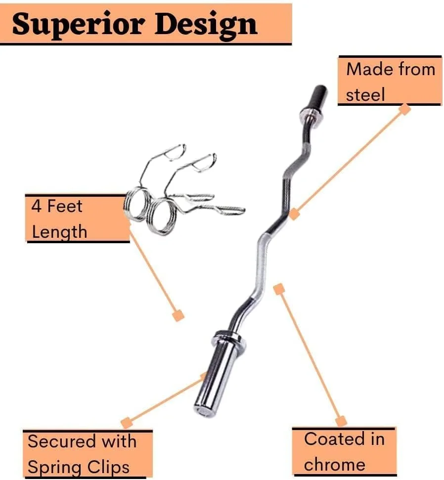 میله هالتر فر کننده سوپر استاندارد المپیک 1441 Fitness برای تمرین وزنه برداری، ورزش و تمرینات بدنسازی، میله کروم EZ جامد با دسته آجدار و فنری (120 سانتی متر)