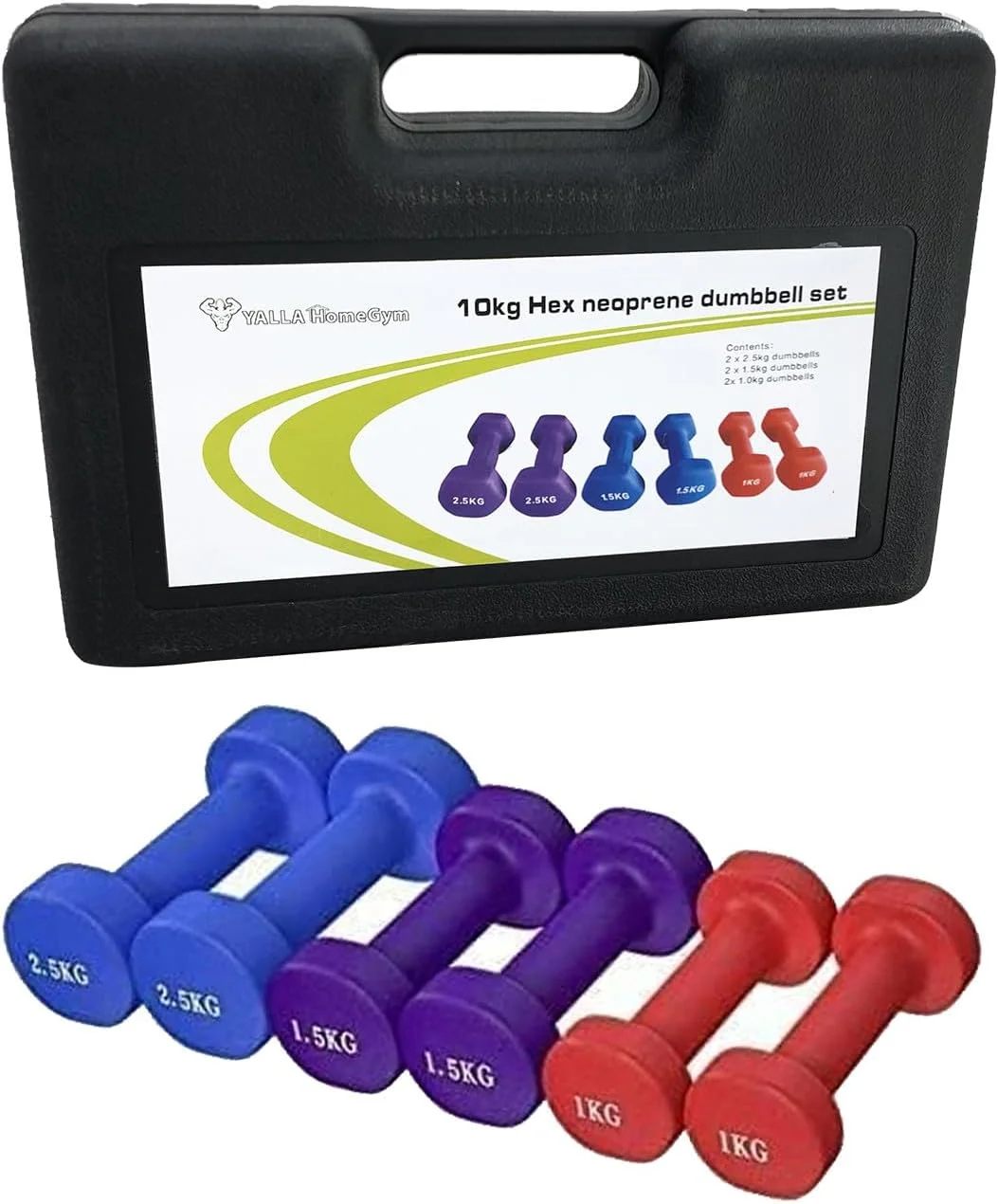 دمبل های نئوپرن YALLA HomeGym، مجموعه 6 عددی دمبل برای آقایان و بانوان، دسته ضد لغزش، وزنه های آزاد تمرین قدرتی برای باشگاه خانگی، ورزش، تمرین و تناسب اندام به همراه کیف حمل