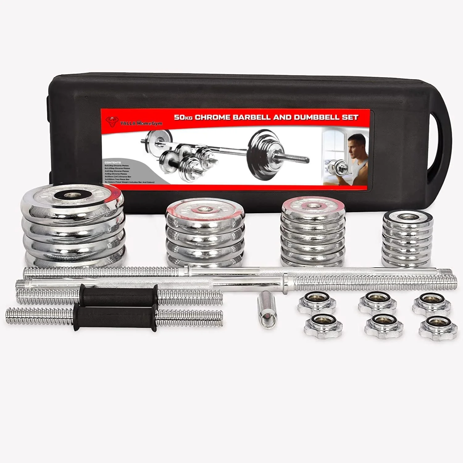 ست دمبل قابل تنظیم کرومی 50 کیلوگرمی YALLA HomeGym با جعبه حمل قابل حمل، دمبل هالتر 2 در 1 با میله اتصال، دمبل های وزنه برداری خانگی با دسته، ست وزنه آزاد برای مردان و زنان