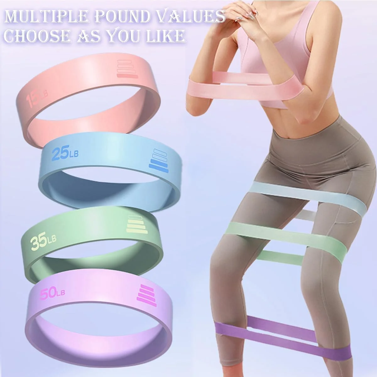ست کش های مقاومتی ورزشی زنانه 4 عددی (15-25-35-50 پوند) - کش های حلقه ای ورزشی برای عضلات باسن، پاها، اسکات، یوگا، پیلاتس، فیزیوتراپی و تمرینات خانگی | بدون لاتکس
