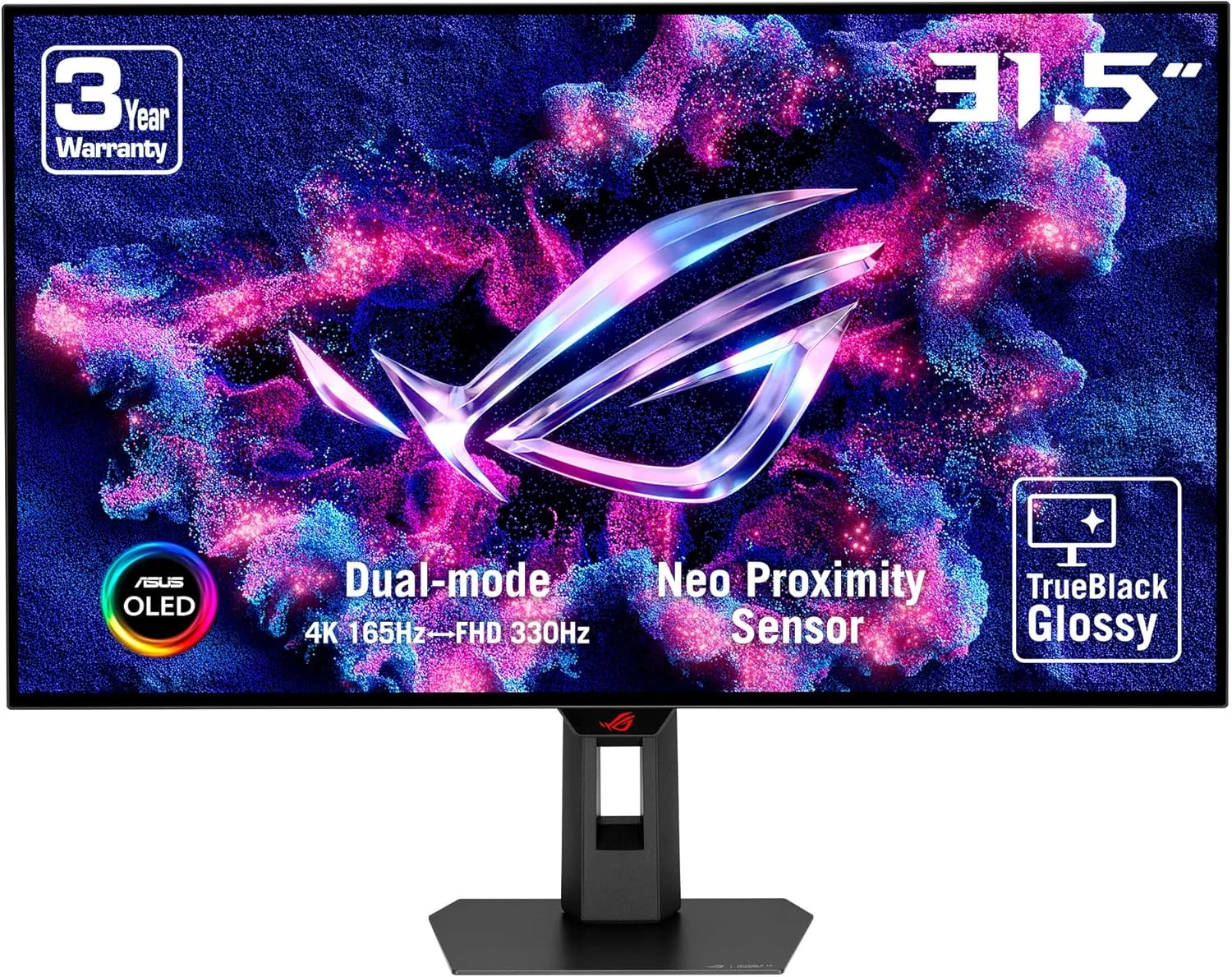 مانیتور گیمینگ 32 اینچی ASUS ROG Strix OLED XG32UCWG، رزولوشن 4K TrueBlack Glossy، حالت دوگانه، زمان پاسخگویی 0.03ms (GTG)، سازگار با G-SYNC، هیت سینک سفارشی، سنسور مجاورتی Neo - مشکی