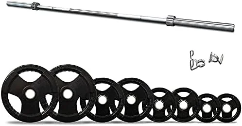 ست هالتر المپیک ULTIMAX با صفحه وزنه لاستیکی سه دستگیره برای تمرینات بدنسازی در خانه، وزنه برداری و تمرینات قدرتی