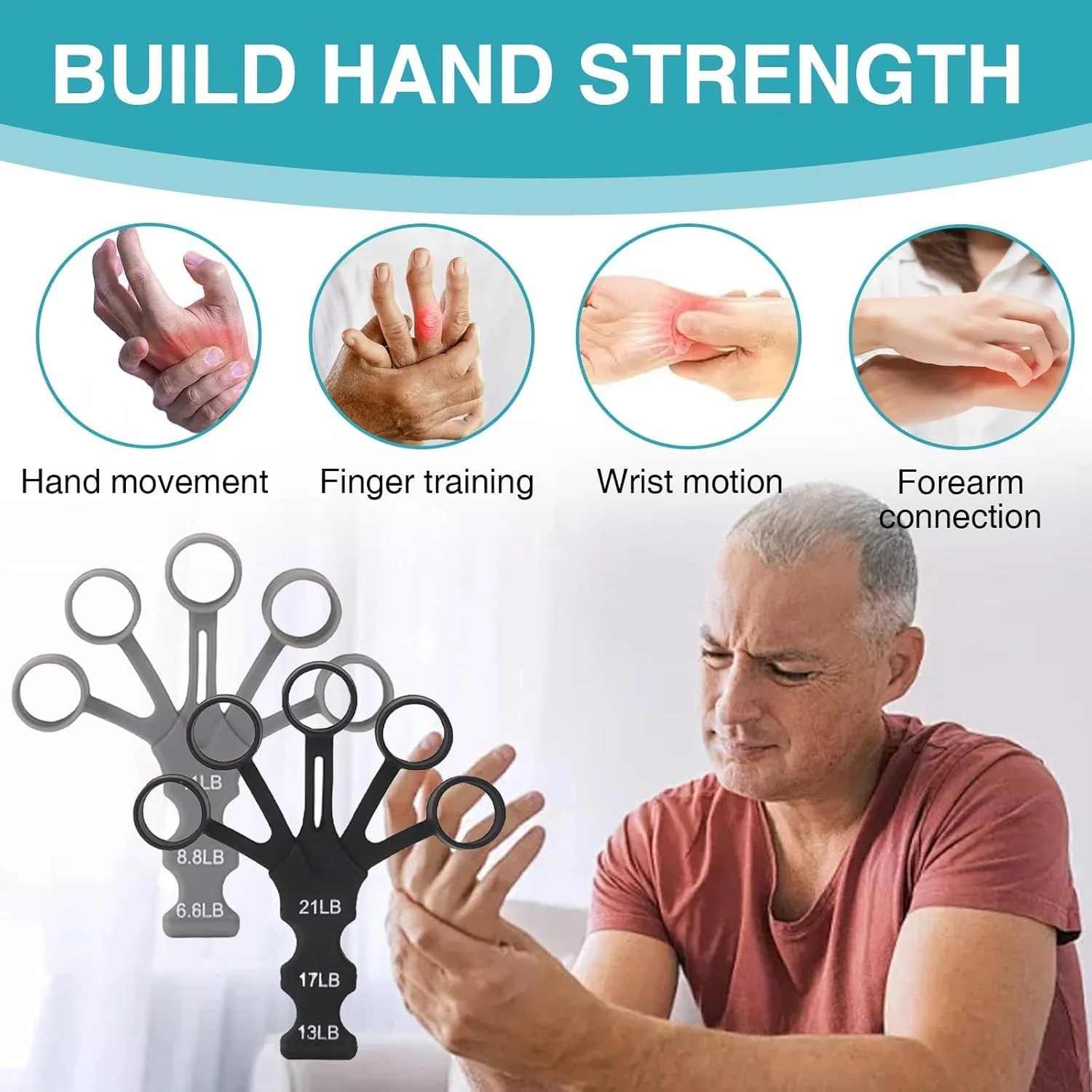 تقویت کننده انگشت، Azonee دو عدد با 6 سطح مقاومت قابل تنظیم برای تمرین انگشت، توانبخشی و تقویت عضلات (مشکی + خاکستری)